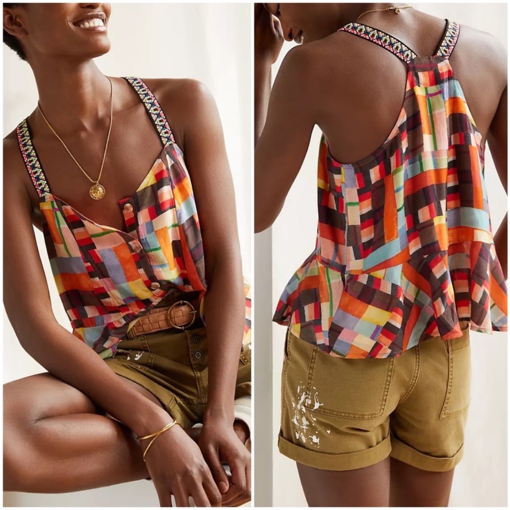 Anthropologie Pilcro Abstract Peplum Vibrant Multicolor Geometric Tank Top Sz xs